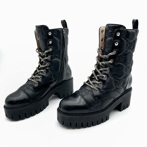 GUCCI GG Quilted Platform Combat Boots Size 38 Black Leather Monogram Embossed